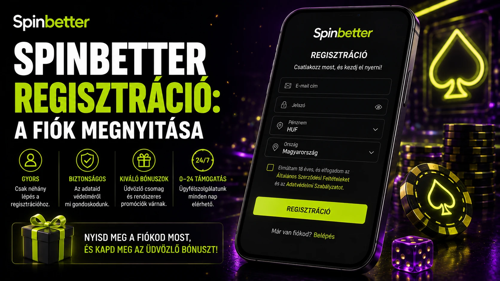 SpinBetter regisztráció: a fiók megnyitása lépésről lépésre